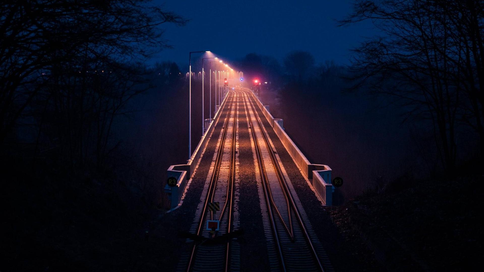 Die Eisenbahnbrücke, die den Bahnverkehr zwischen dem deutschen Görlitz und dem polnischen Zgorzelec ermöglicht, wird zur blauen Stunde angestrahlt.