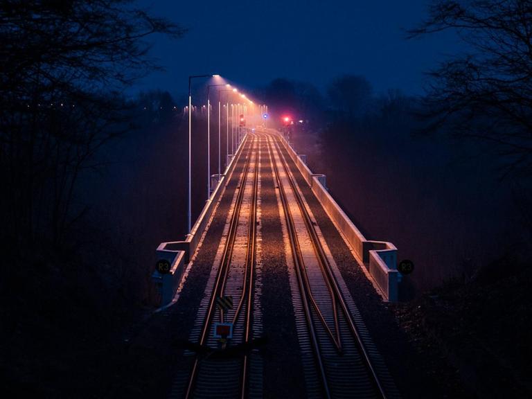 Die Eisenbahnbrücke, die den Bahnverkehr zwischen dem deutschen Görlitz und dem polnischen Zgorzelec ermöglicht, wird zur blauen Stunde angestrahlt.