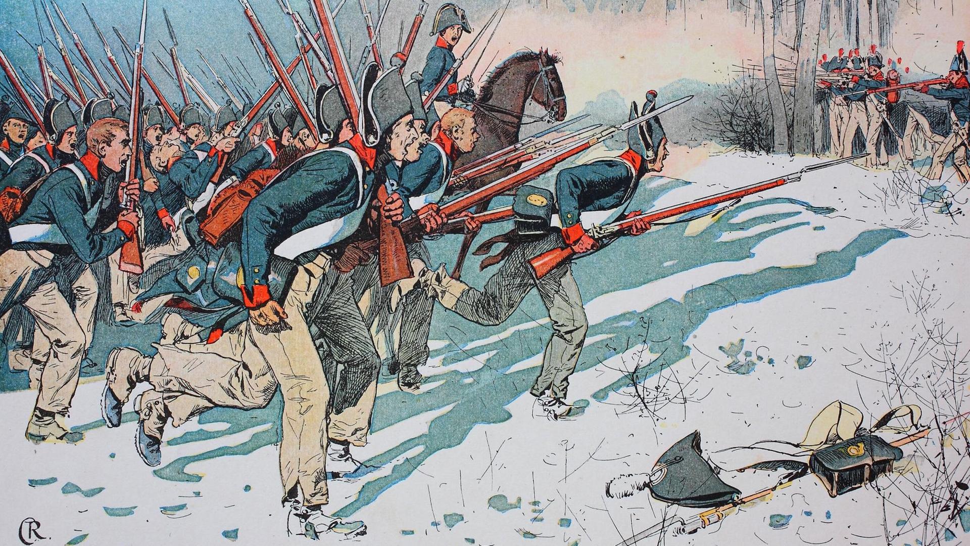 Ausschnitt einer historischen Darstellung der Schlacht von Eylau, die 1807 zwischen den preußischen Truppen und denen von Napoleon stattfand, bei denen Habseligkeiten von Soldaten neben dem Schlachtfeld liegen bleiben.