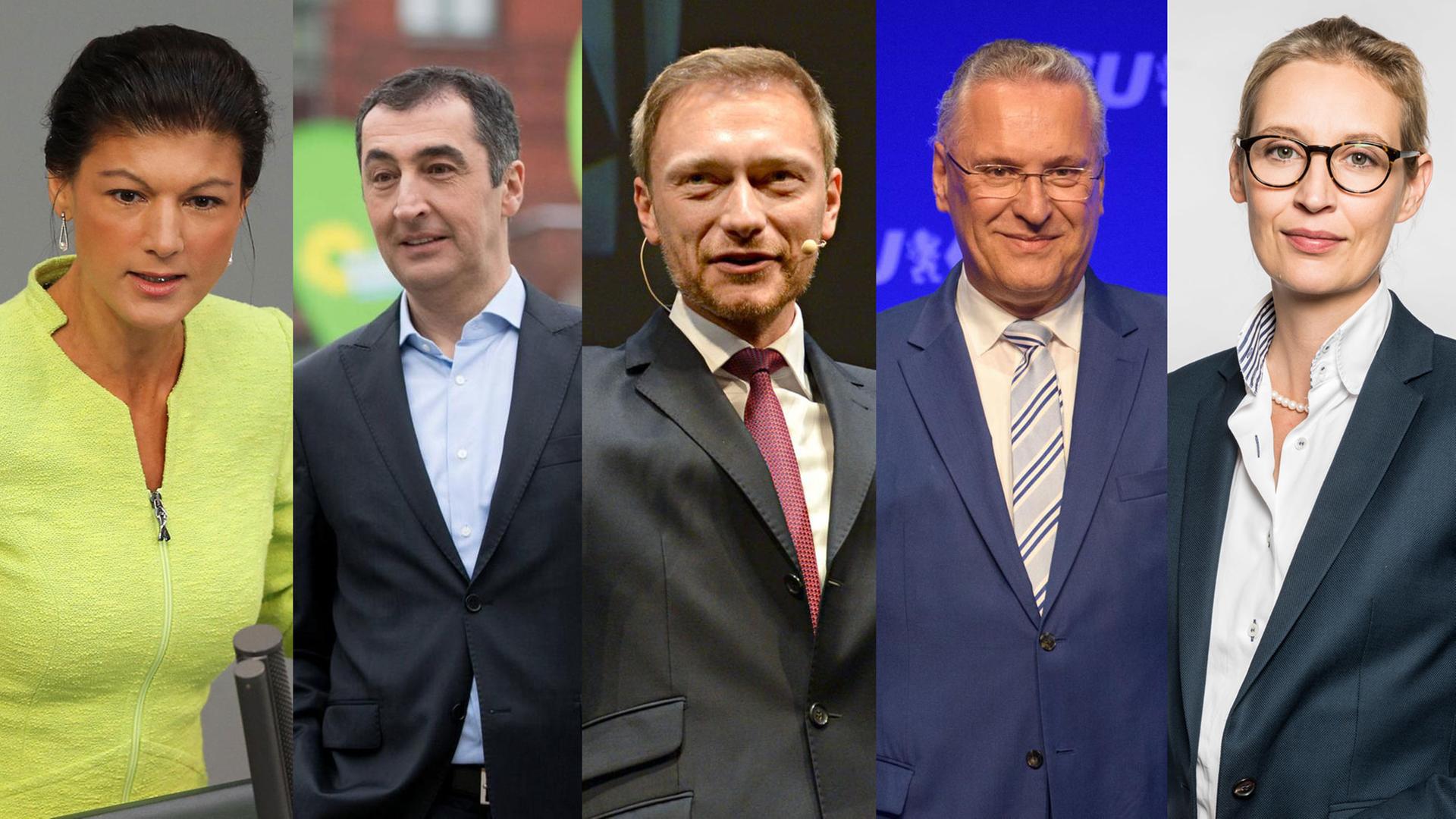 Von links nach rechts: Sahra Wagenknecht (Die Linke), Cem Özdemir (Bündnis 90 / Die Grünen), Christian Lindner (FDP), Joachim Herrmann (CSU) und Alice Weidel (AfD). Von links nach rechts: Sahra Wagenknecht (Die Linke), Cem Özdemir (Bündnis 90 / Die Grünen), Christian Lindner (FDP), Joachim Herrmann (CSU) und Alice Weidel (AfD).