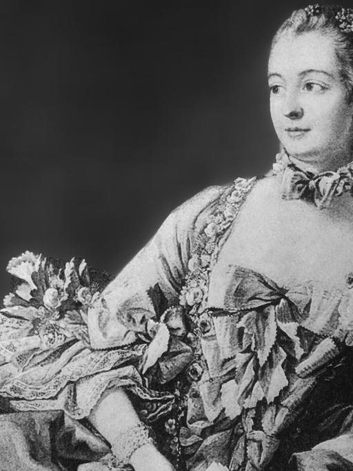 Zeitgenössische Darstellung von Jeanne Antoinette Poisson, der Marquise de Pompadour, Mätresse von König Ludwig XV, nach einem Gemälde von Boucher. Sie wurde am 29. Dezember 1721 in Paris geboren und verstarb am 14. April 1764 in Versailles.