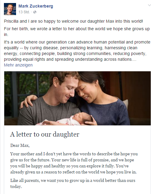 Der Screenshot zeigt neben Text ein Bild der beiden Eltern, die ihre neugeborene Tochter anlächeln.