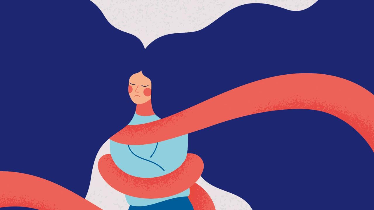 Illustration einer jungen Frau mit fliegenden Haaren, die von einem roten Seil umschlungen ist. Illustration einer jungen Frau mit fliegenden Haaren, die von einem roten Seil umschlungen ist.
