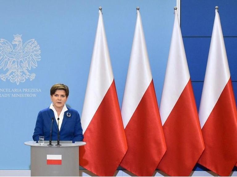 Die neue polnische Ministerpräsidentin Beata Szydlo sitzt an einem prächtigen Schreibtisch, rechts und links von ihr stehen viele polnische Flaggen.