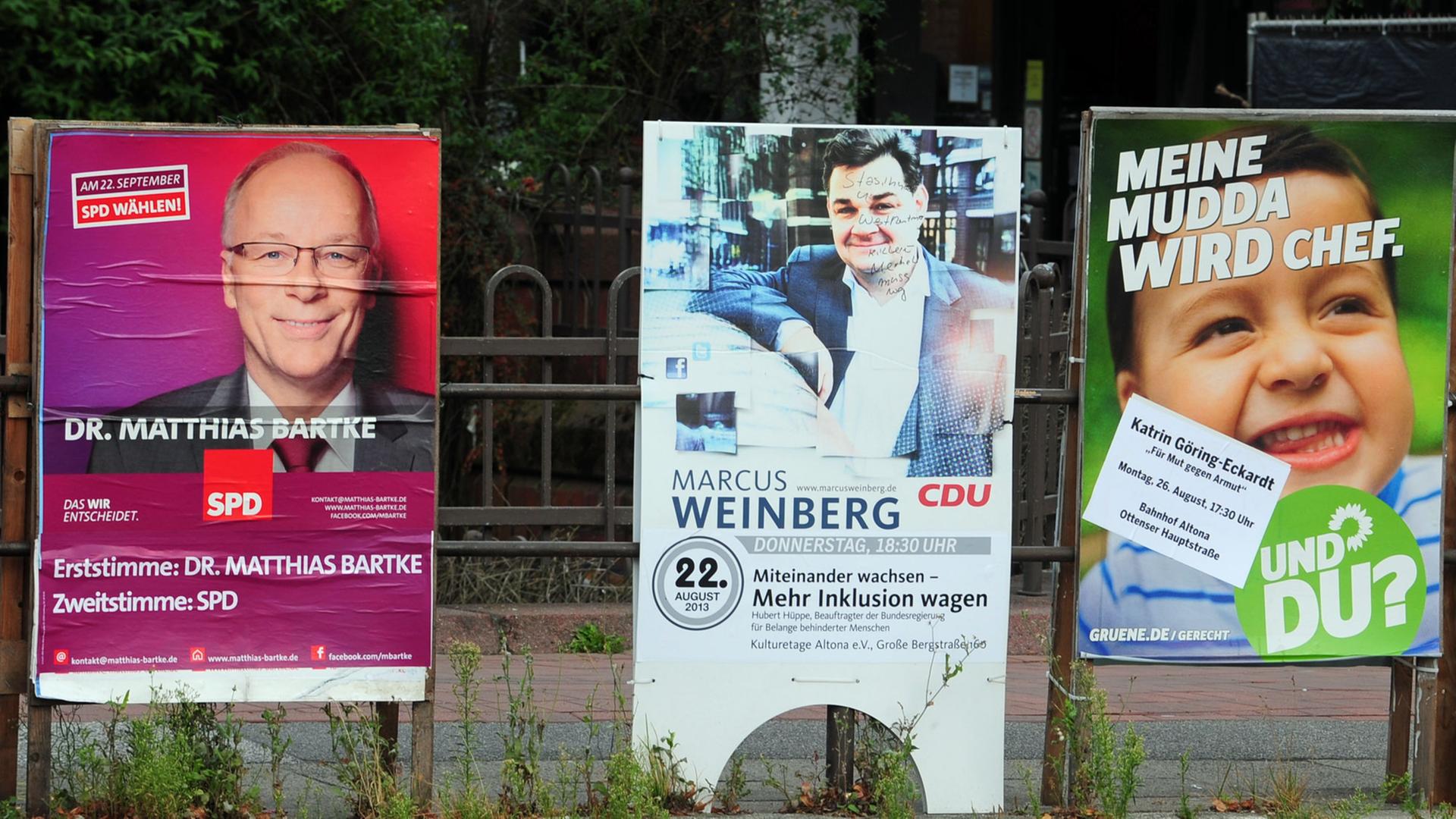 Wahlplakate zur Bundestagswahl 2013 in Hamburg Wahlplakate der SPD - CDU - und der Grünen aufgenommen 30.08.2013 in Hamburg Wahlplakate zur Bundestagswahl 2013 in Hamburg Wahlplakate der SPD - CDU - und der Grünen aufgenommen 30.08.2013 in Hamburg