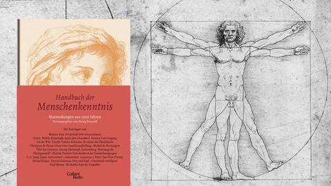 Cover von Georg Brunolds "Handbuch der Menschenkenntnis". Im Hintergrund ist Leonardo da Vincis (1452-1519) Zeichnung "Vitruvianischer Mensch" (um 1490) zu sehen.