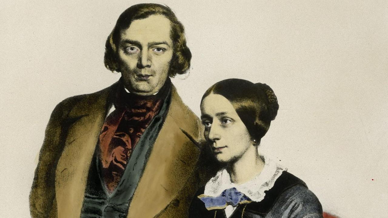 Musiker und Komponisten Robert und Clara Schumann auf einer Lithograpie aus dem Jahr 1847 von Eduard Kaiser, spätere Kolorierung.