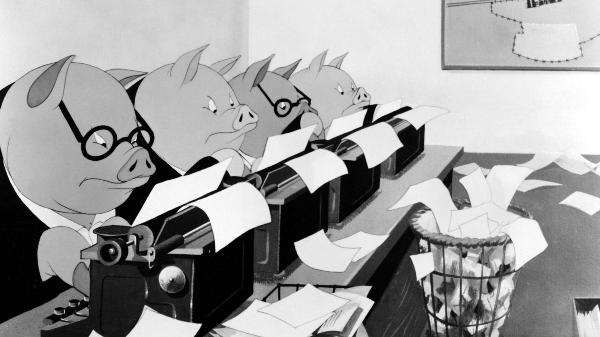 Ein Cartoon zeigt mehrere Schweine die in Anzug und mit Brille bekleidet an Schreibmaschinen im Büro arbeiten. Ein Cartoon zeigt mehrere Schweine die in Anzug und mit Brille bekleidet an Schreibmaschinen im Büro arbeiten.