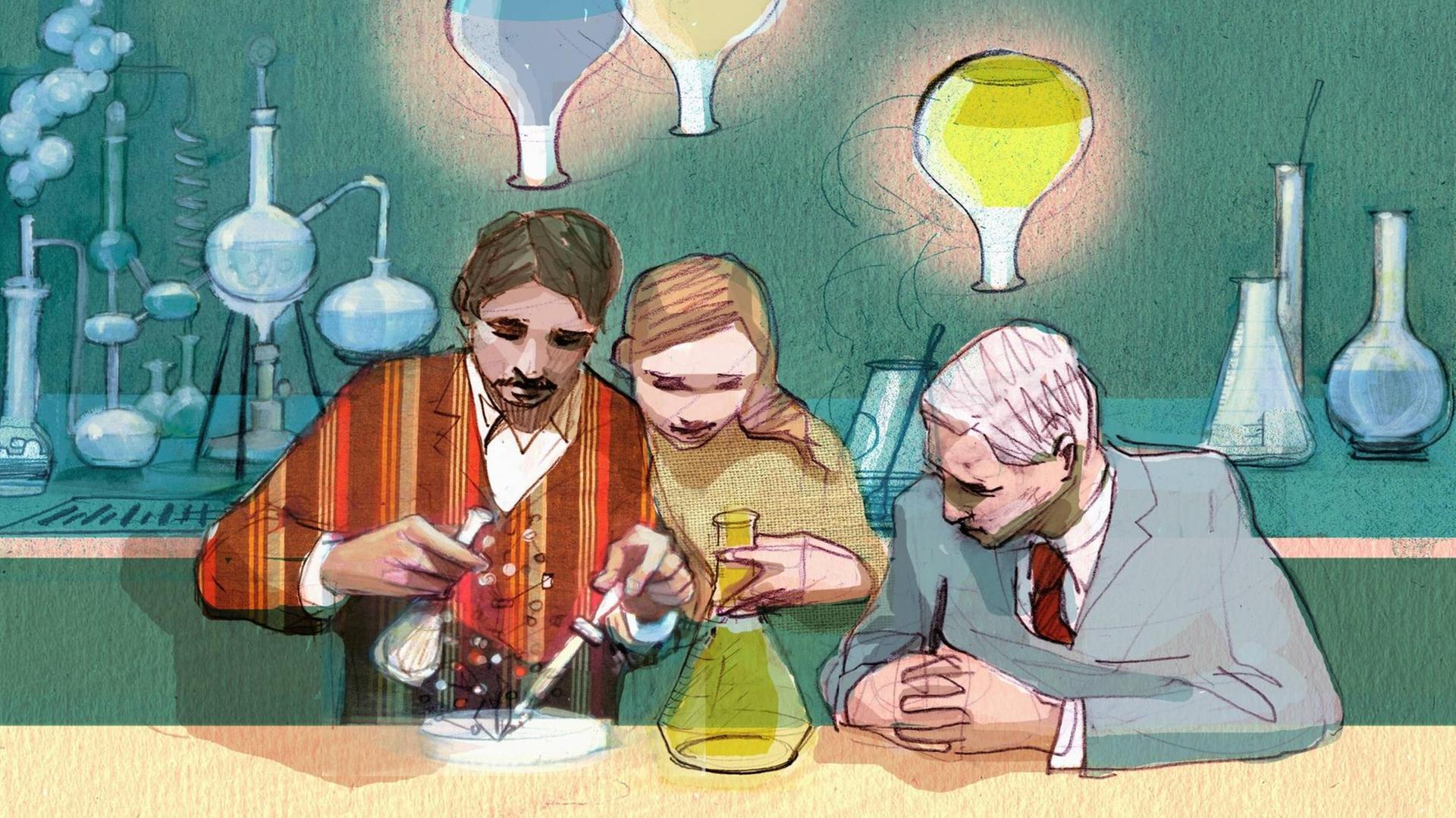 Illustration von Wissenschaftlerinnen und Wissenschaftlern, die zusammen im Labor arbeiten und mit Laborflaschen hantieren. Illustration von Wissenschaftlerinnen und Wissenschaftlern, die zusammen im Labor arbeiten und mit Laborflaschen hantieren.