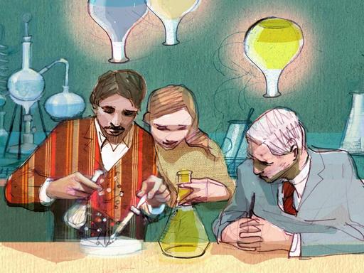 Illustration von drei Wisschenschaftlern, die zusammen im Labor arbeiten und mit Laborflaschen hantieren.