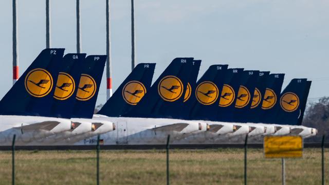 Lufthansa-Maschinen sind auf dem Vorfeld des Flughafen Berlin Schönefeld geparkt.