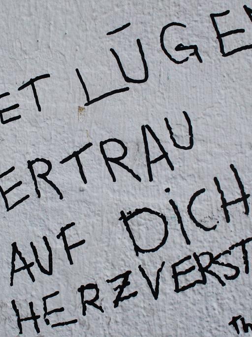 Die Worte "Allet Lügen vertrau auf Dich Herzverstand" sind am 11.12.2017 in Berlin mit Filzstift auf eine Hauswand geschrieben.
