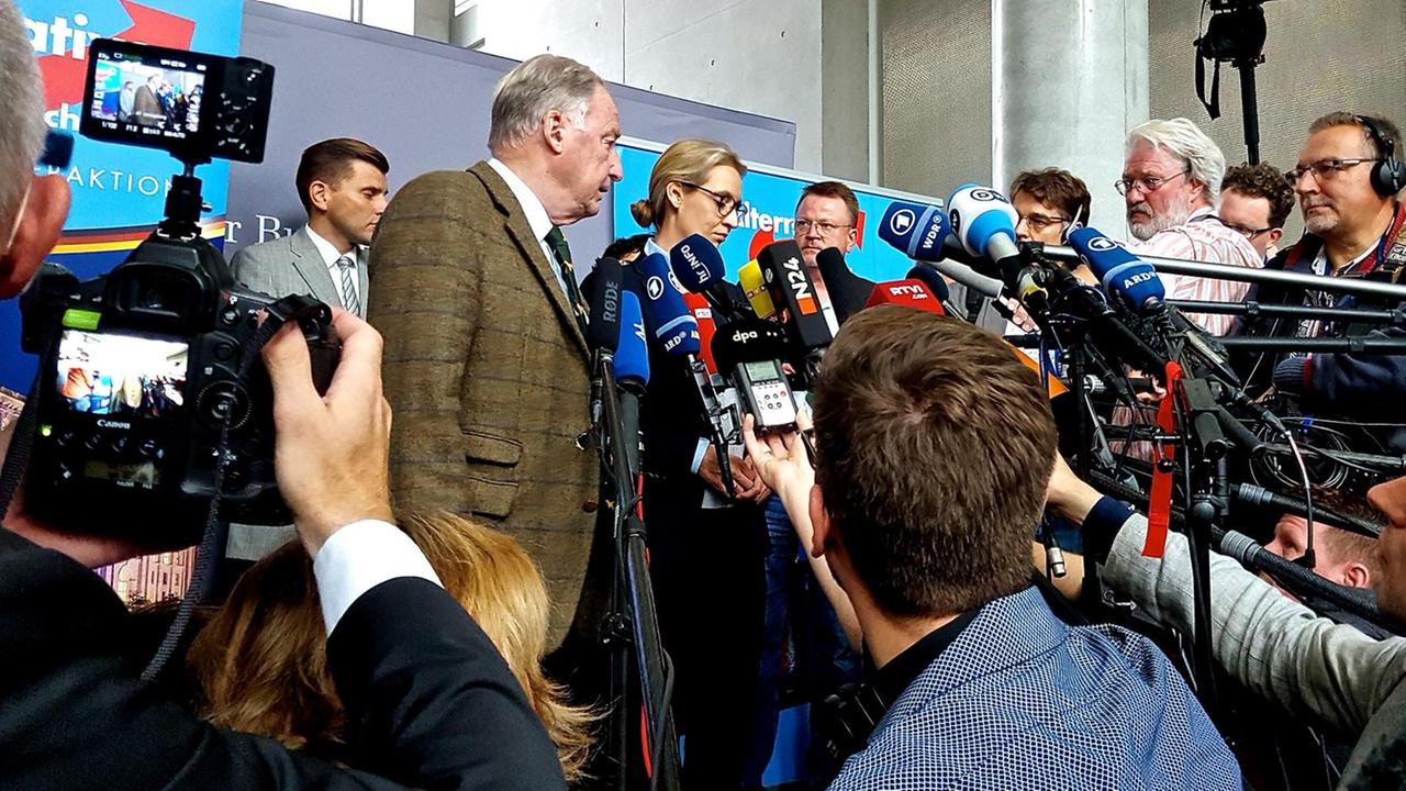 Die AfD Fraktionsvorsitzenden Alice Weidel und Alexander Gauland geben der Presse ein Interview. Die AfD Fraktionsvorsitzenden Alice Weidel und Alexander Gauland geben der Presse ein Interview.
