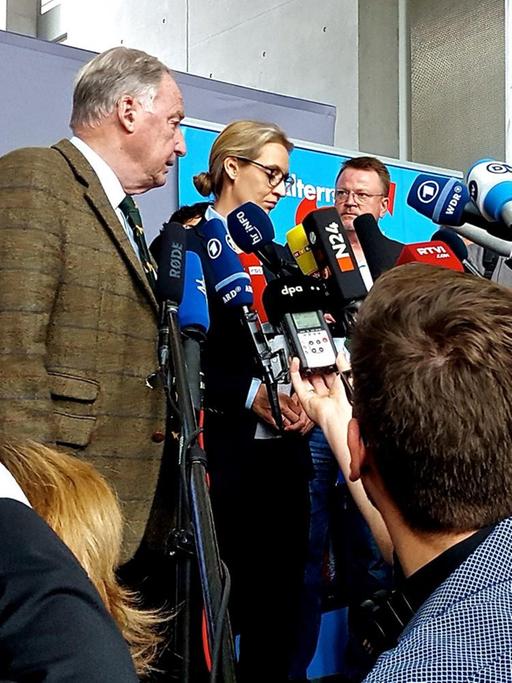 Die AfD Fraktionsvorsitzenden Alice Weidel und Alexander Gauland geben der Presse ein Interview.