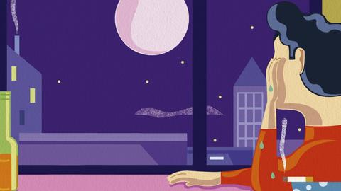Illustration eines Mannes, der weinend, mit Alkohol und Zigarette am Tisch sitzt und sehnsüchtig den Mond durch das Fenster anschaut.