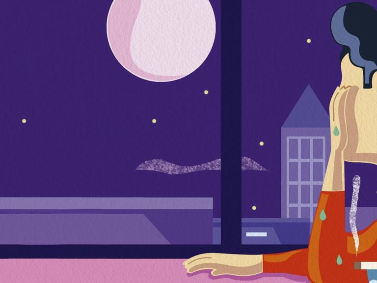 Illustration eines Mannes, der weinend, mit Alkohol und Zigarette am Tisch sitzt und sehnsüchtig den Mond durch das Fenster anschaut.