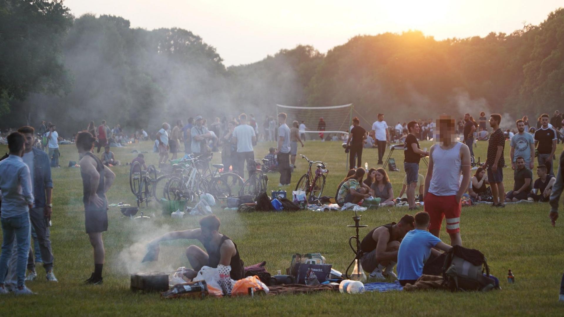 Jugendliche sitzen und stehen in einem Park in der Abendsonne und unterhalten sich. Jugendliche sitzen und stehen in einem Park in der Abendsonne und unterhalten sich.