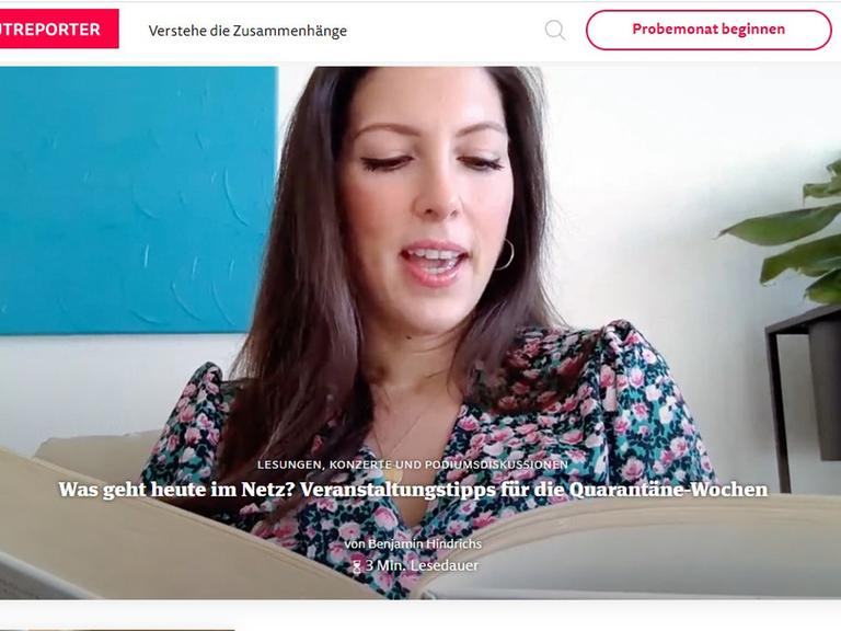 Ein Artikel zu den Veranstaltungstipps für die Quarantäne-Wochen zeigt eine Frau, die in ein aufgeklapptes Buch schaut