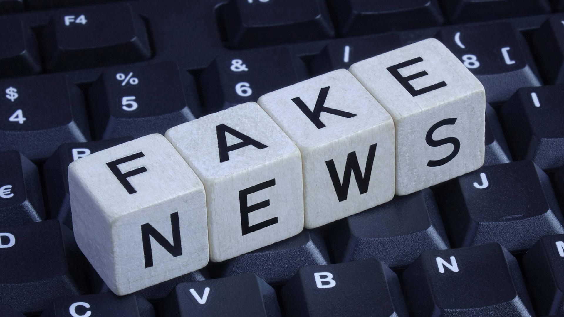 Würfel bilden den Schriftzug "Fake News" auf einer Computer-Tastatur. Würfel bilden den Schriftzug "Fake News" auf einer Computer-Tastatur.