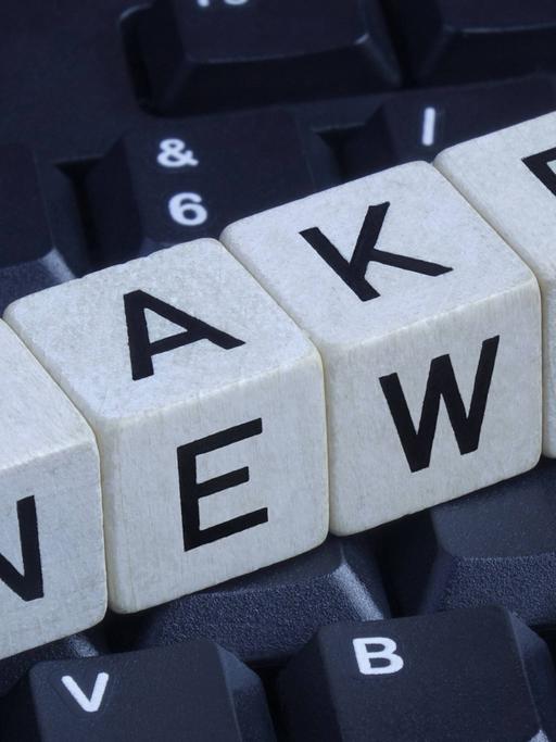 Würfel bilden den Schriftzug "Fake News" auf einer Computer-Tastatur.