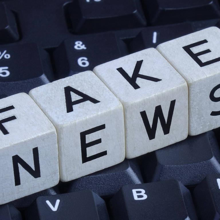 Würfel bilden den Schriftzug "Fake News" auf einer Computer-Tastatur.