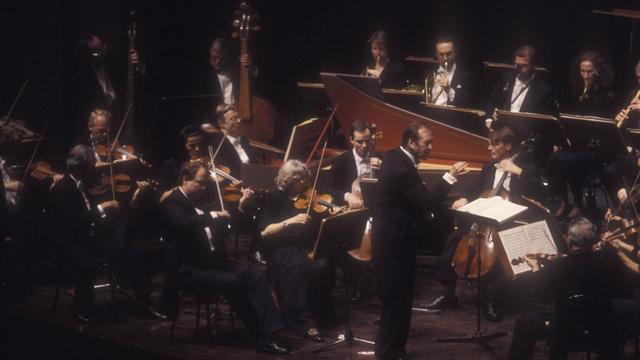 Ein Orchester aus Streichern und Bläsern sitzt in festlicher Kleidung im Halbrund um den Dirigenten, der am Pult steht.
