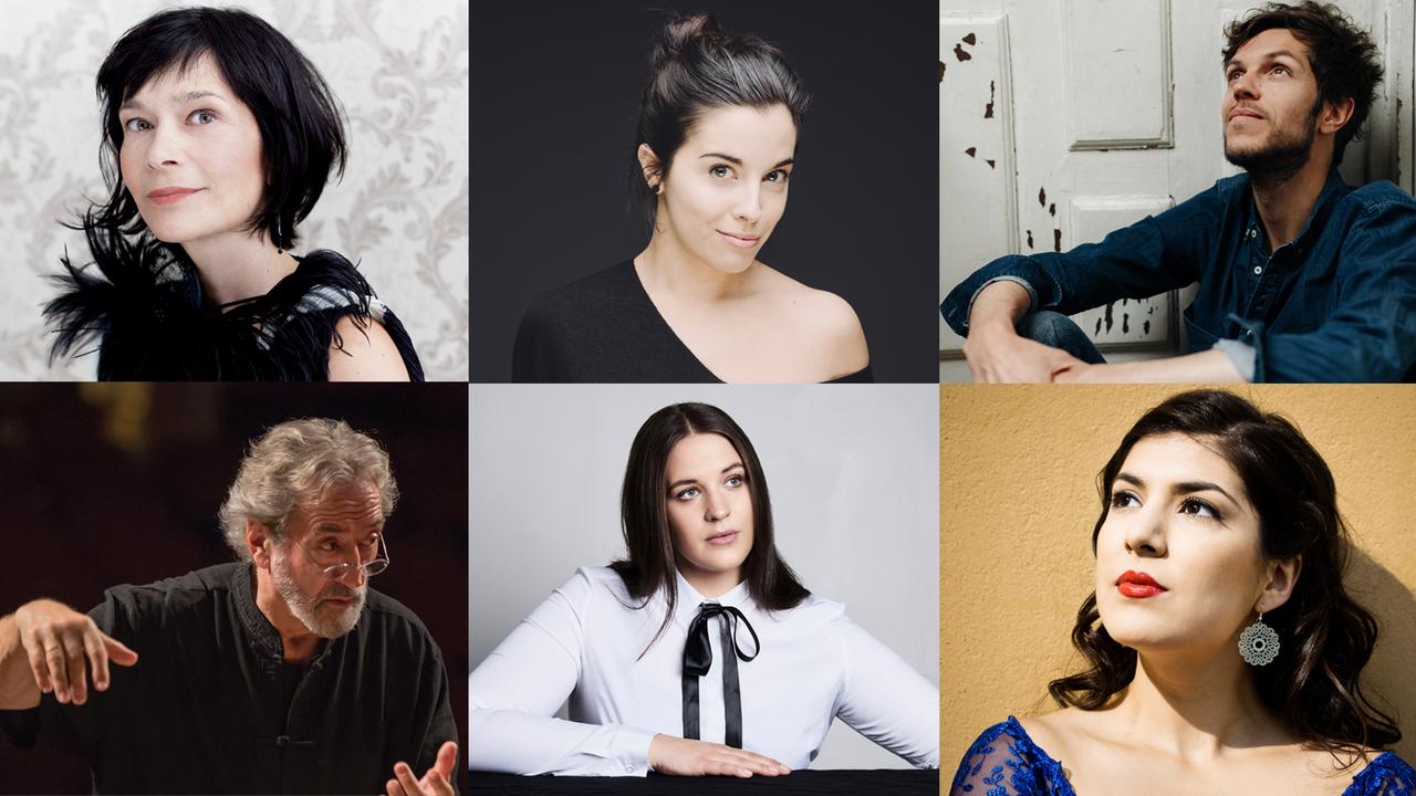 Sechs Fotos sind zusammengestellt, darauf sind jeweils vier Frauen und zwei Männer. Alle sind Musiker bzw. Musikerinnen. Es sind: Sandrine Piau, Jodie Devos und Raphaël Pichon (oben) und Jordi Savall, Lise Davidsen und Schaghajegh Nosrati (unten). Sechs Fotos sind zusammengestellt, darauf sind jeweils vier Frauen und zwei Männer. Alle sind Musiker bzw. Musikerinnen. Es sind: Sandrine Piau, Jodie Devos und Raphaël Pichon (oben) und Jordi Savall, Lise Davidsen und Schaghajegh Nosrati (unten).