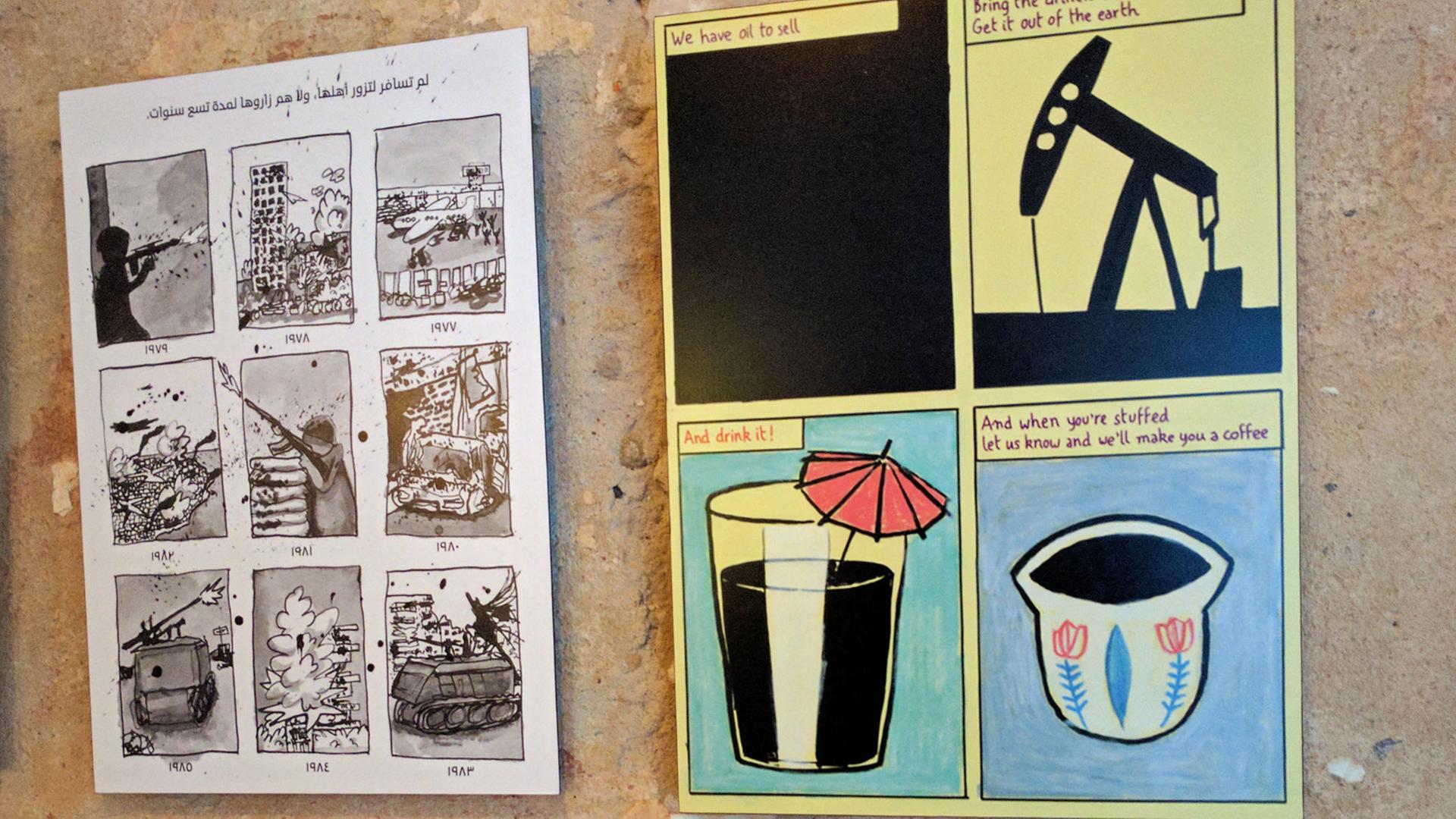 Foto von zwei zeitgenössischen arabischen Comics aus der Ausstellung "Arab Comics" in Berlin. Foto von zwei zeitgenössischen arabischen Comics aus der Ausstellung "Arab Comics" in Berlin.