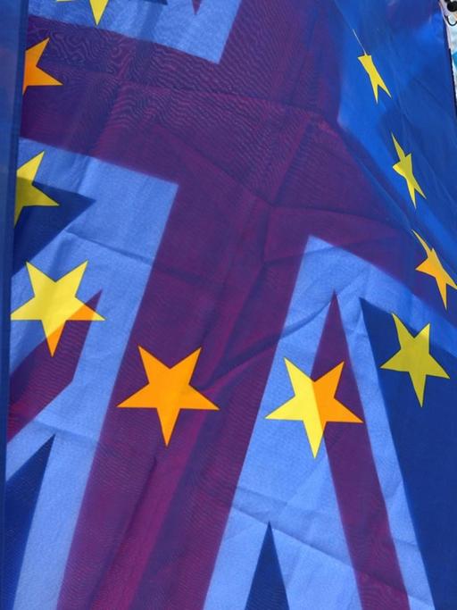 Ein Demonstrant mit einer EU- und einer britischen Flagge über der Schulter.
