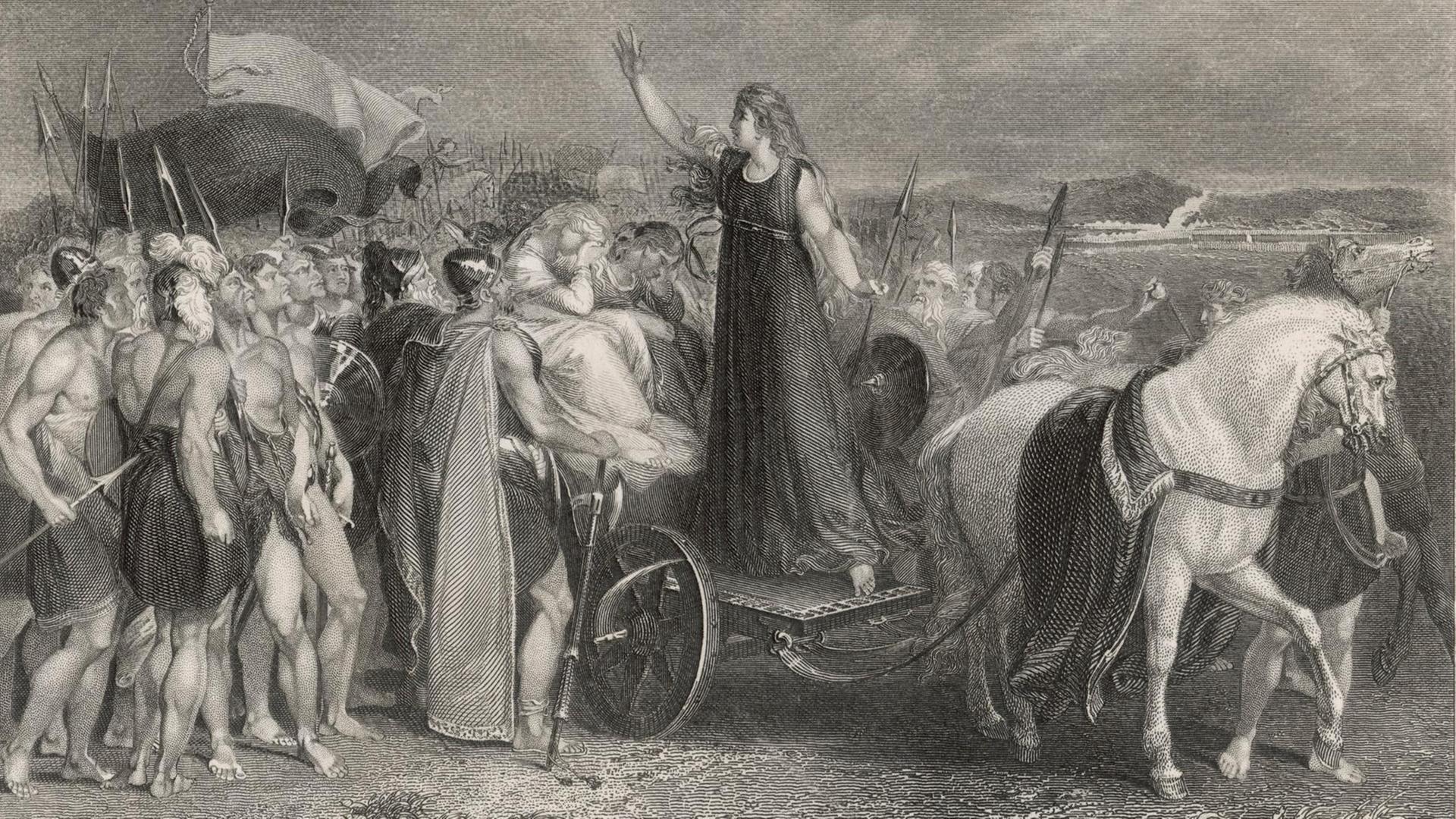 Die Königin Boudicca steht auf einer Pferdkutsche und spricht zu den Briten. Die Königin Boudicca steht auf einer Pferdkutsche und spricht zu den Briten.