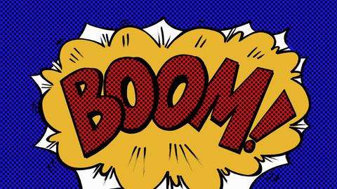 Eine gezeichnete Comicblase zeigt das wort "Boom"
