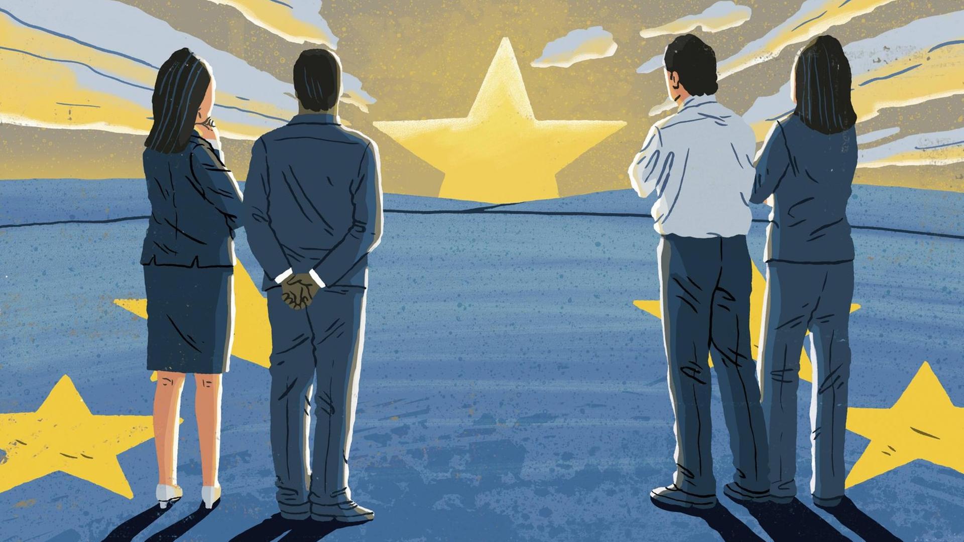 Illustration von Menschen, die auf der Flagge der Europäischen Union stehen und einen fehlenden Stern als Sonnenuntergang beobachten.