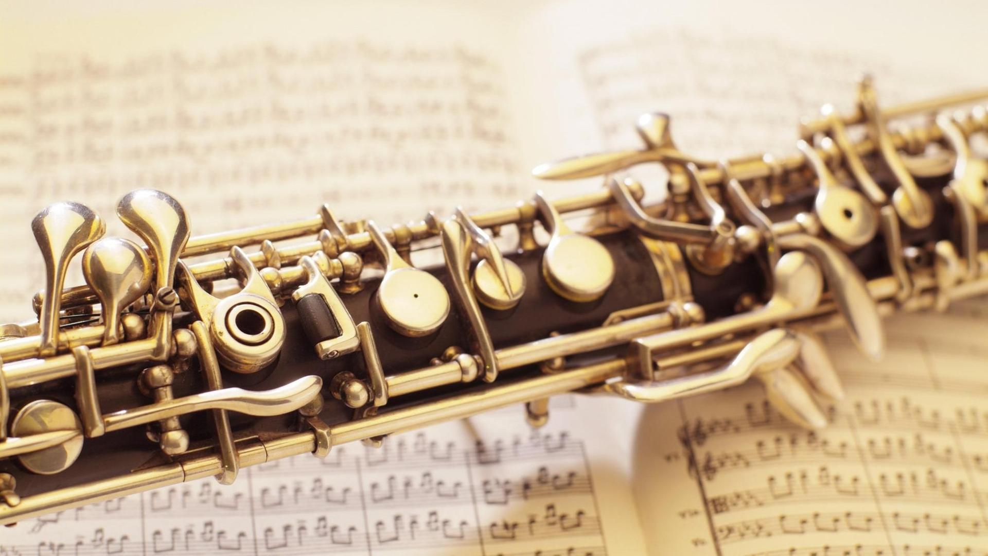 Eine Oboe liegt auf einem aufgeschlagenen Heft mit Musiknoten.