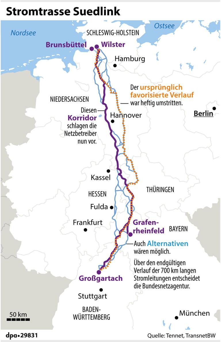 Mögliche Korridore der Stromtrasse Südlink Mögliche Korridore der Stromtrasse Südlink