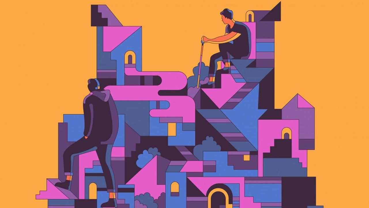Illustration: Männer klettern auf die Spitze einer abstrakten geometrischen Struktur. Illustration: Männer klettern auf die Spitze einer abstrakten geometrischen Struktur.