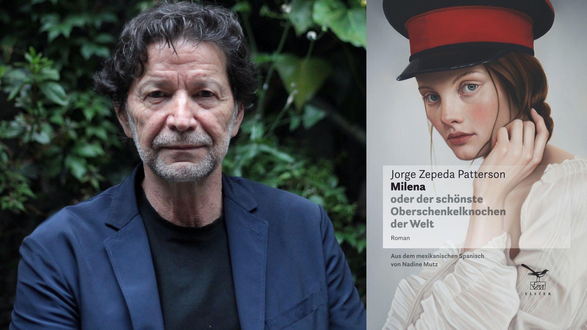 Zu sehen ist der Autor Jorge Zepeda Patterson und das Cover seines Romans "Milena oder der schönste Oberschenkelknochen der Welt".