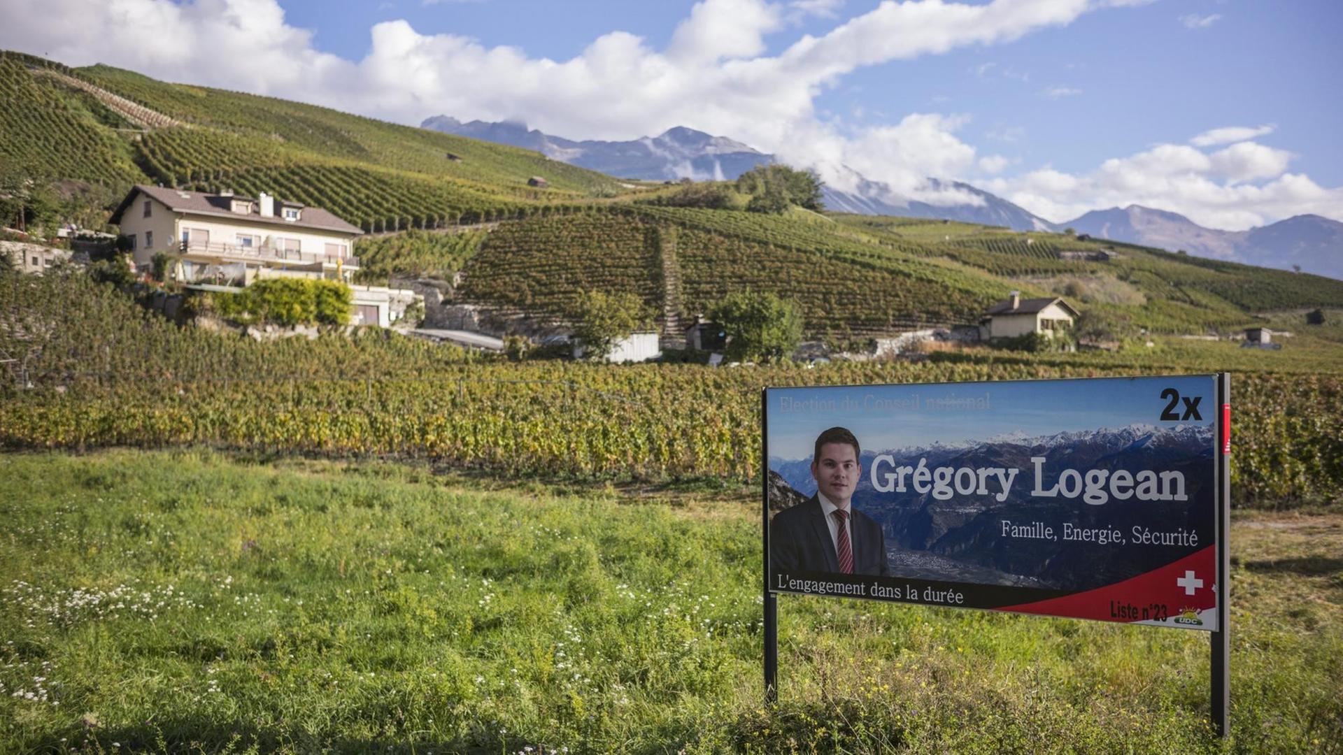 Wahlwerbung vor einem grünen Hügel in der Schweiz.