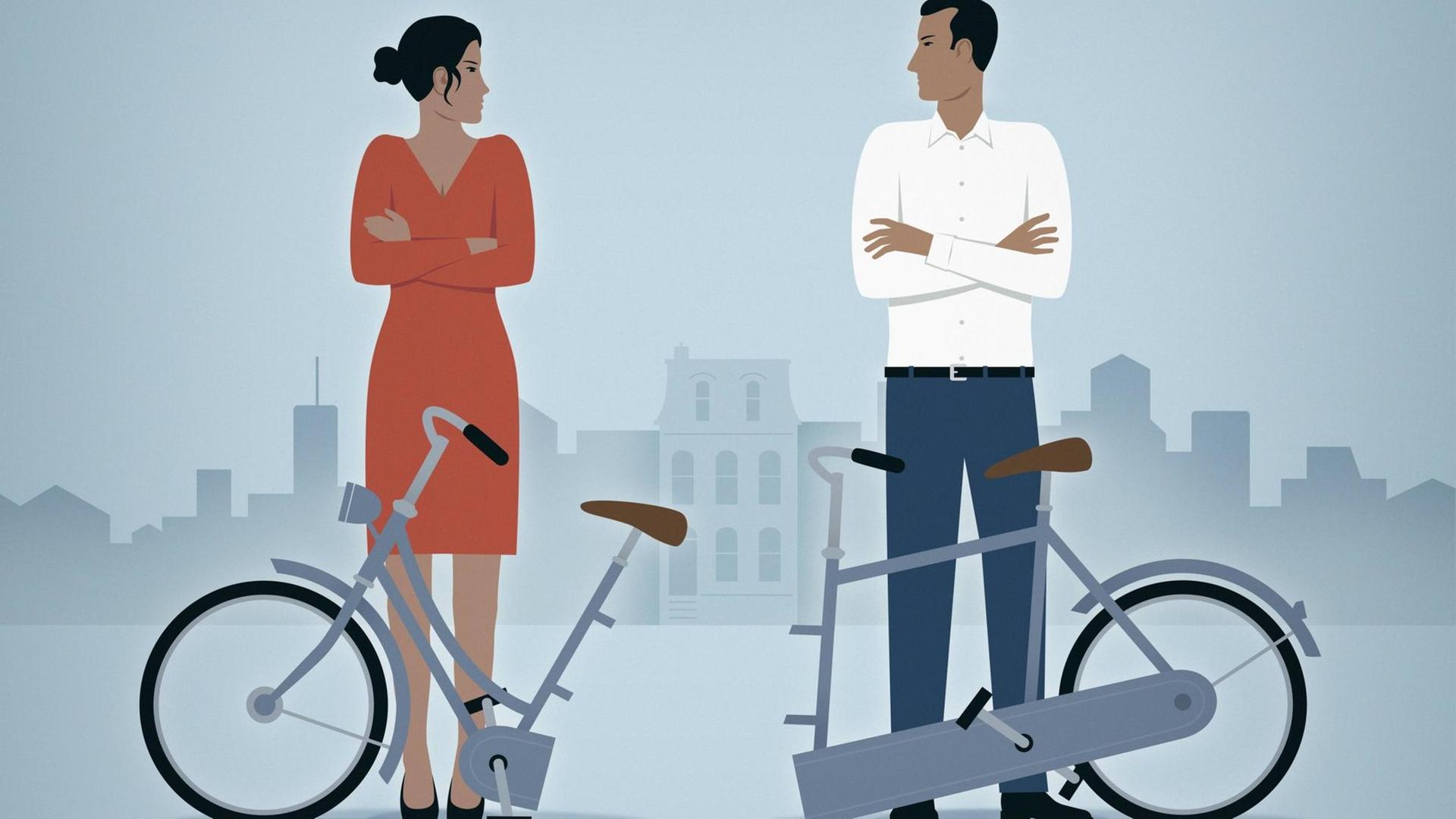 Illustration: Sich trennendes Paar mit jeweils einem halben Tandem Illustration: Sich trennendes Paar mit jeweils einem halben Tandem