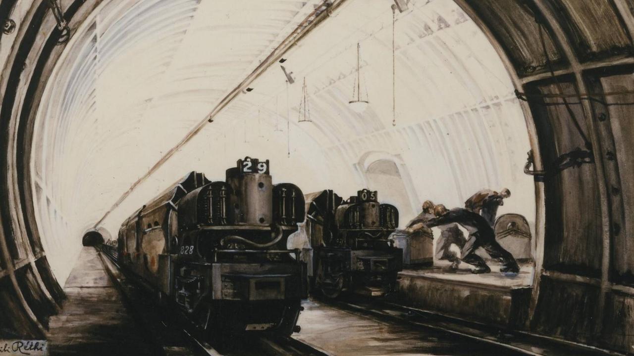 Das Gemälde zeigt einen Tunnel in den zwei Lokomotiven einfahren sowie Arbeiter.