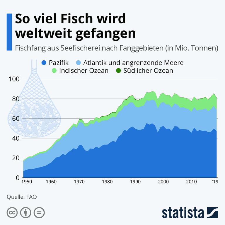 Die Grafik zeigt, wie viel Fisch in den Jahren 1950 bis 2019 in den Weltmeeren gefangen wurde. Die Grafik zeigt, wie viel Fisch in den Jahren 1950 bis 2019 in den Weltmeeren gefangen wurde.