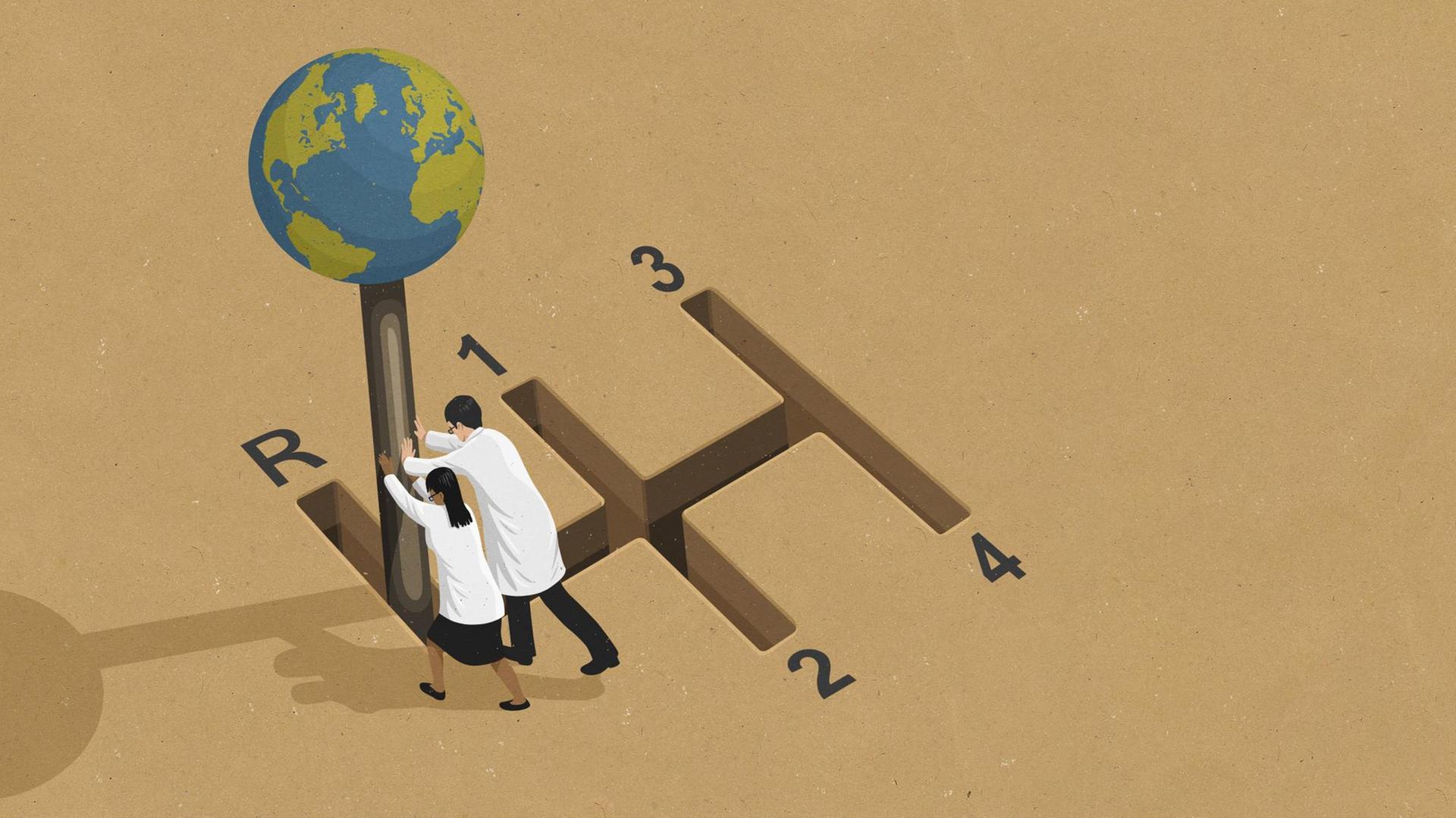 Illustration: Wissenschaftler drücken einen Globus-Schalthebel in den Rückwärtsgang. Illustration: Wissenschaftler drücken einen Globus-Schalthebel in den Rückwärtsgang.