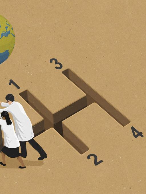 Illustration: Wissenschaftler drücken einen Globus-Schalthebel in den Rückwärtsgang.