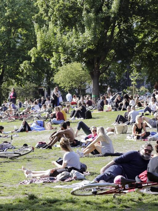 Menschen sitzen im Berliner Volkspark am Weinberg auf der Wiese, darunter viele junge Menschen, und genießen die sommerlichen Temperaturen bei Sonnenschein.