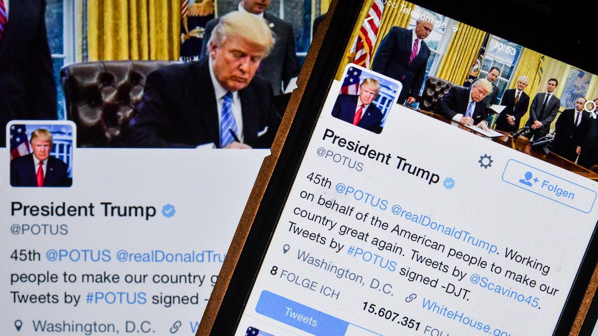 Der Twitter-Account des Präsidenten der Vereinigten Staaten von Amerika, Donald Trump, auf einem Smartphone und einem Tablet. Der Twitter-Account des Präsidenten der Vereinigten Staaten von Amerika, Donald Trump, auf einem Smartphone und einem Tablet.
