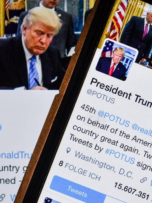 Der Twitter-Account des Präsidenten der Vereinigten Staaten von Amerika, Donald Trump, auf einem Smartphone und einem Tablet.