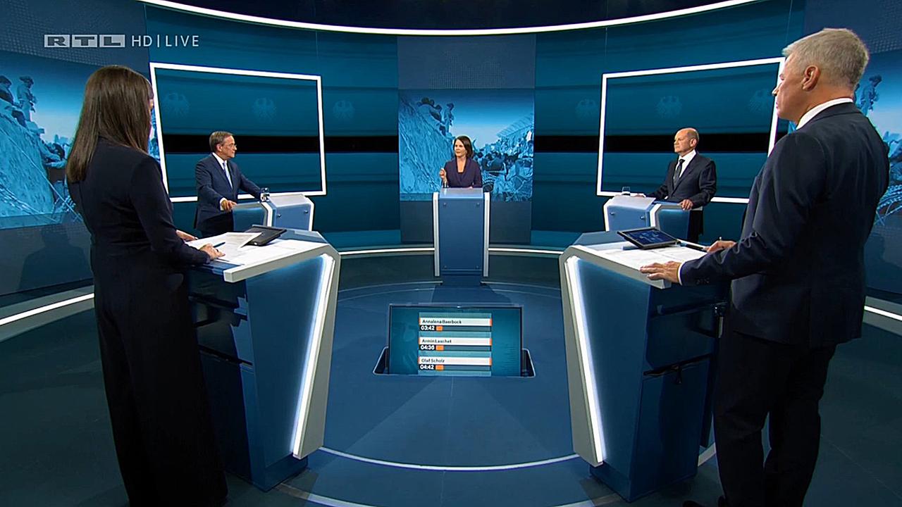 Die Kanzlerkandidaten Armin Laschet, Annalena Baerbock und Olaf Scholz stehen in einem Fernsehstudio. Vorne die Moderatoren Pinar Atalay und Peter Kloeppel.