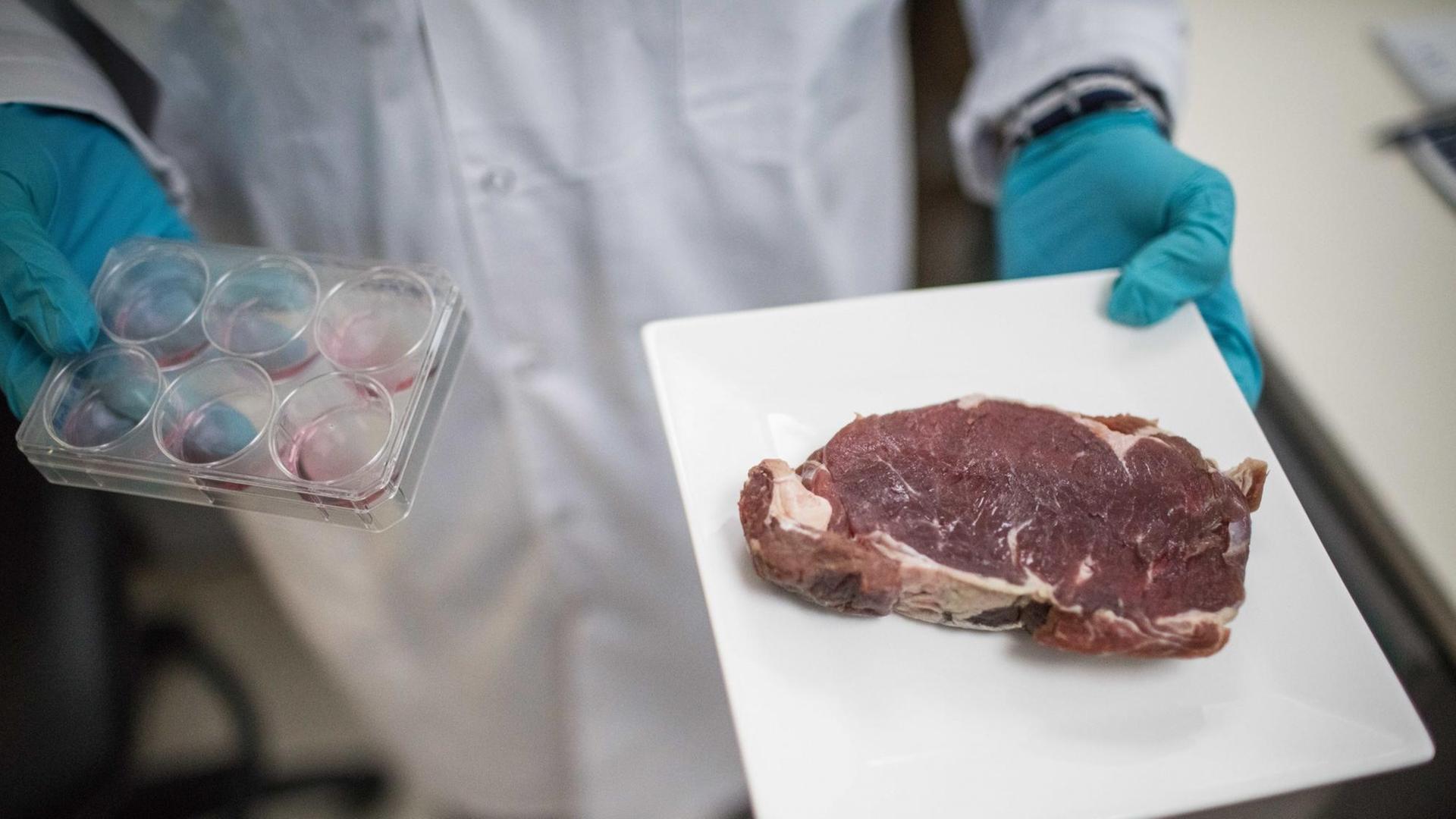 Der Startup-Gründer Didier Toubia hält eine Petrischale und ein Teller mit einem Steak in seinen Händen.