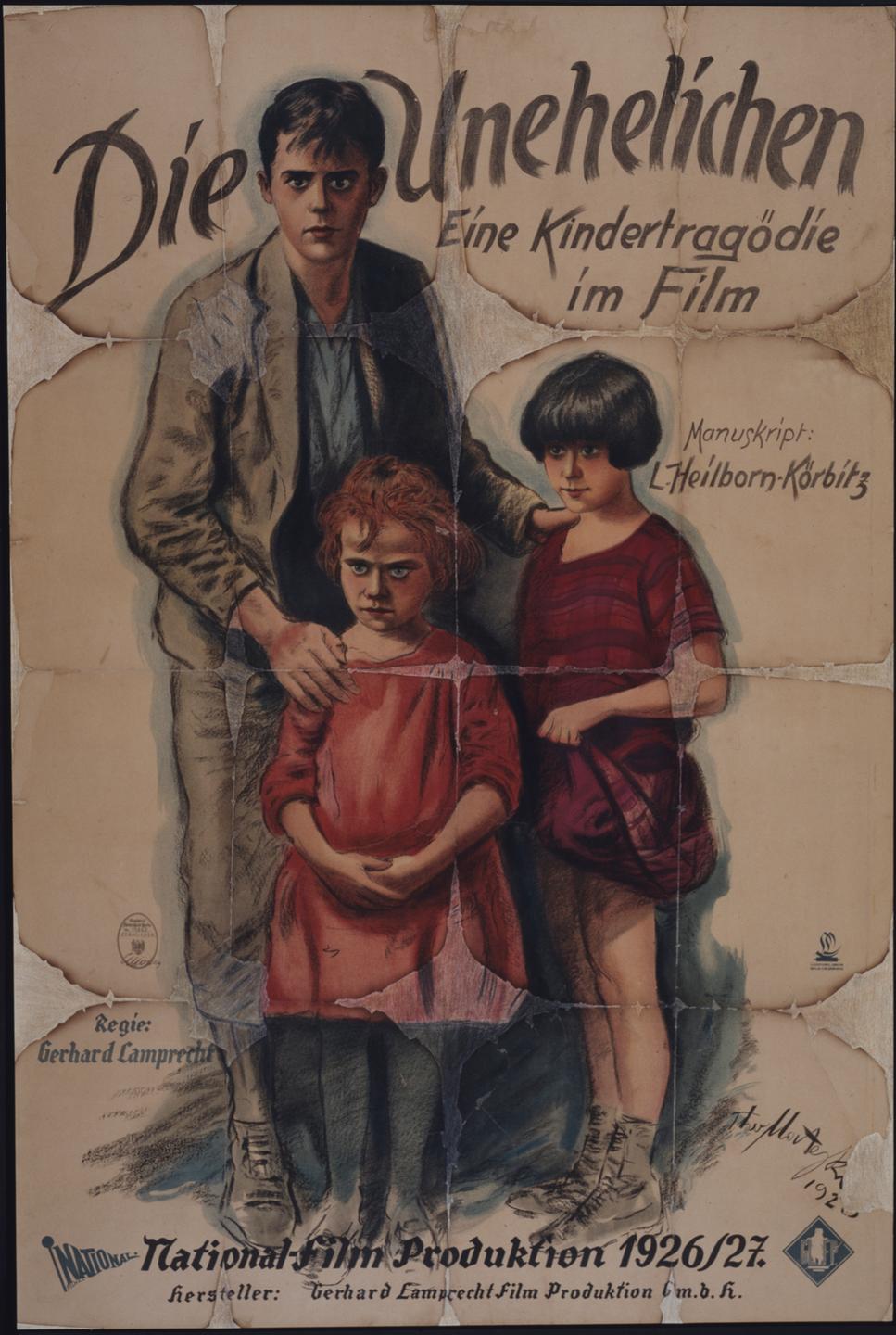 Ein altes Filmplakat des Films "Die Unehelichen - Eine Kindertragödie im Film". Darunter drei illustrierte Kinder mit ernstem Blick. Ein altes Filmplakat des Films "Die Unehelichen - Eine Kindertragödie im Film". Darunter drei illustrierte Kinder mit ernstem Blick.