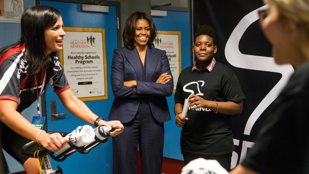 Michelle Obama am 5. Februar 2015 in der West Side High School in New York. Michelle Obama am 5. Februar 2015 in der West Side High School in New York.