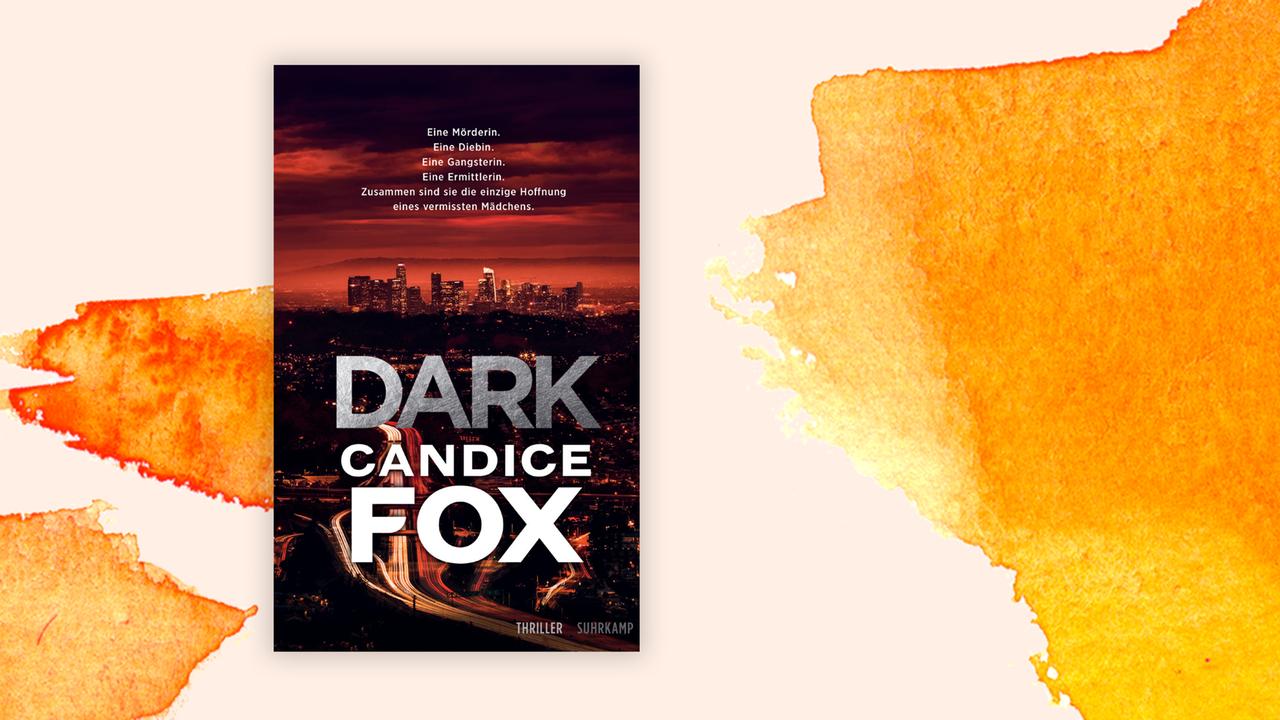 Cover von Candice Fox' Buch "Dark" auf orange-weißem Grund